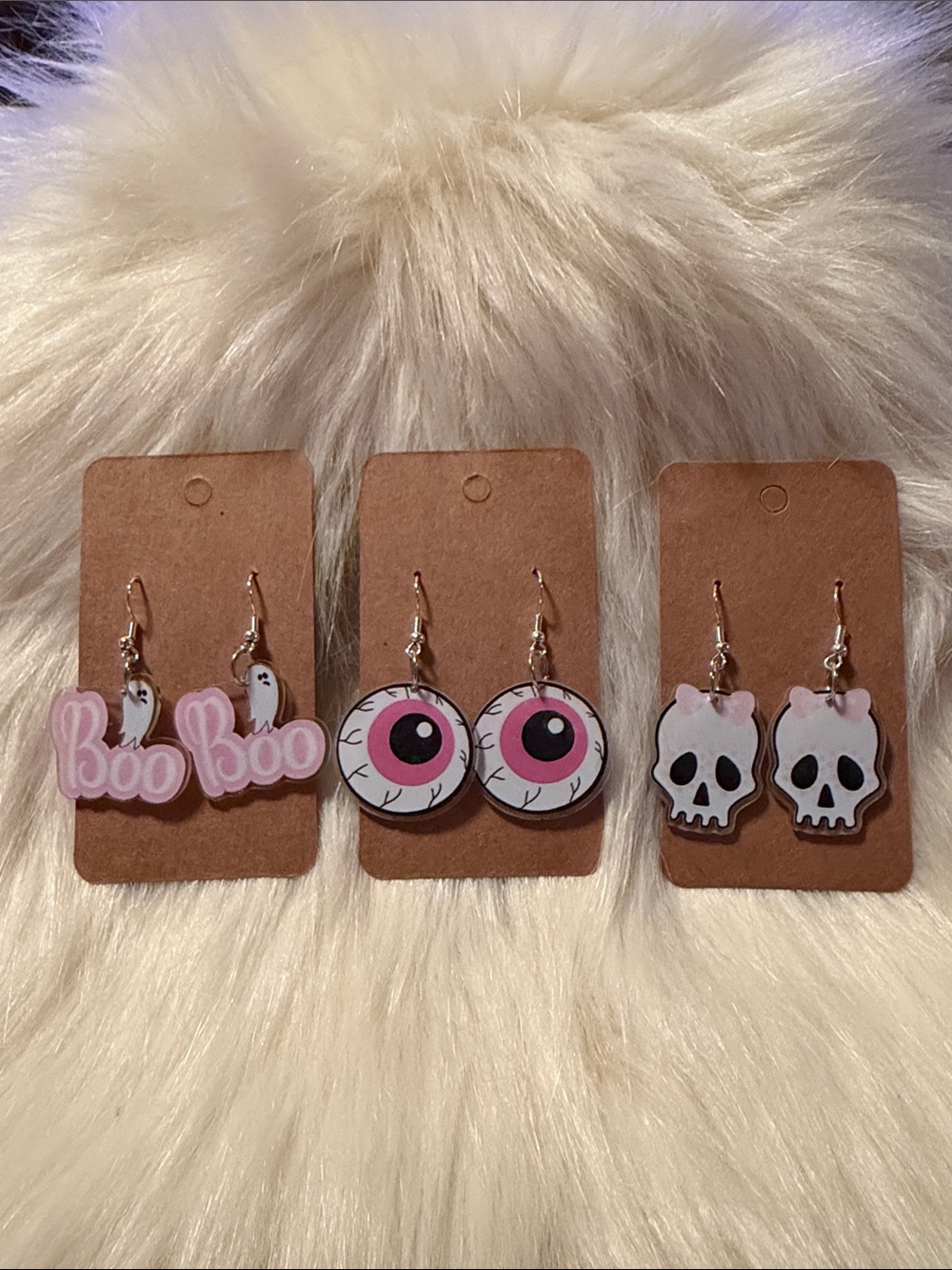 Halloween Pink Eyeball, Ghost & Skull Dangle Earrings Set